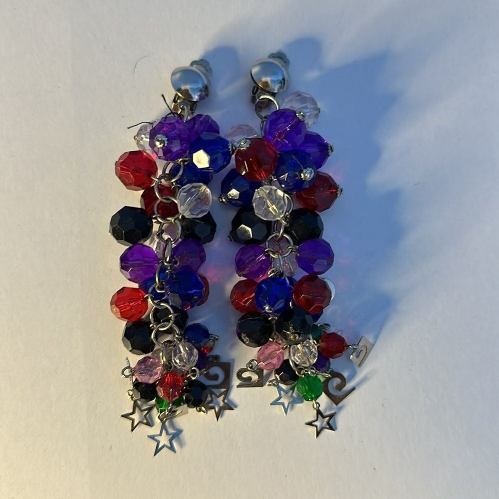 80s Style Clip-On Earrings Faceted Plastic Beads Silver Star Retro Costume